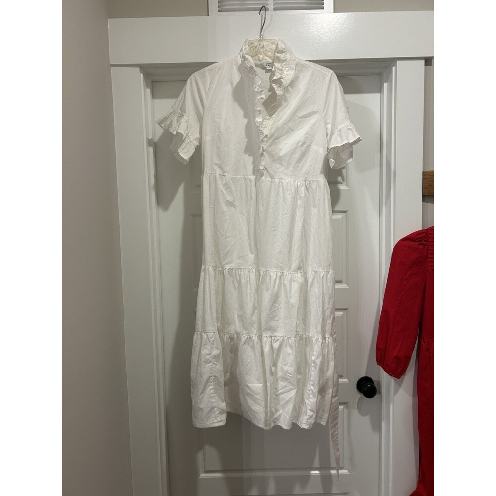 Crown & Ivy White Cotton Tiered Ruffle Midi Dress sz Large Modest Teacher Church